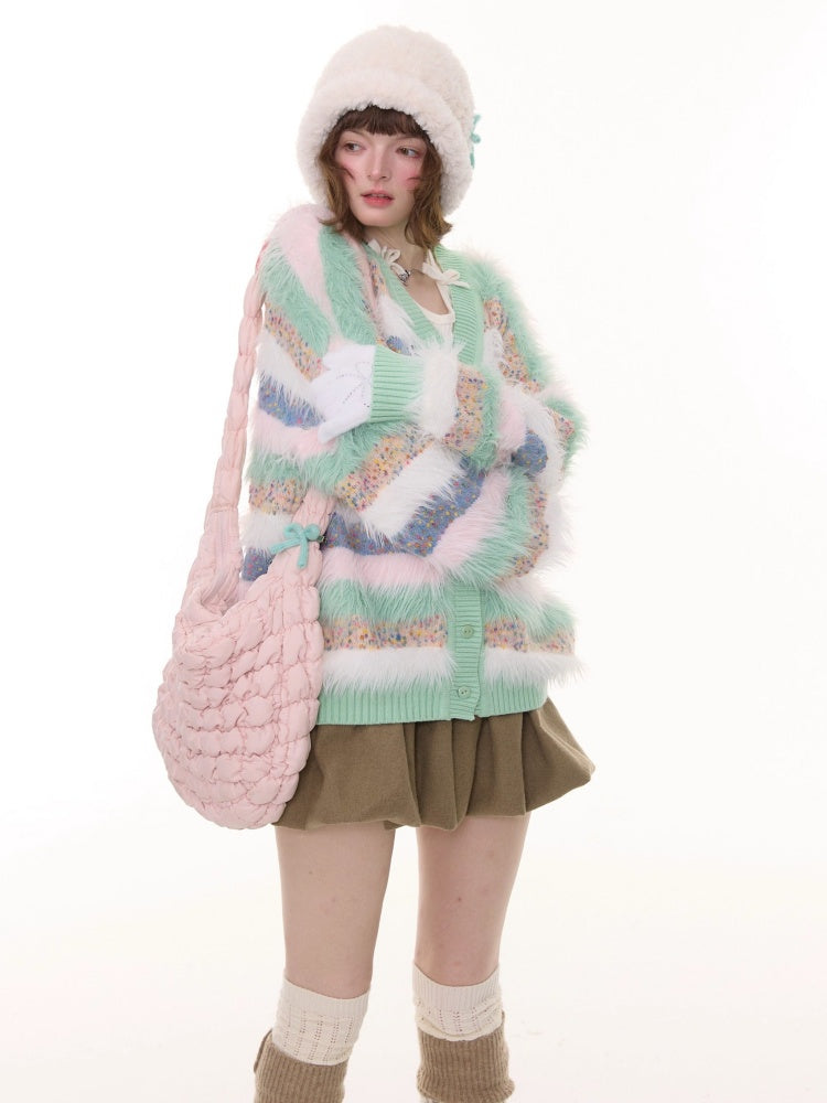 Contrast Stripe Plush Soft Waxy Sweater Cardigan Jacket【s0000015242】