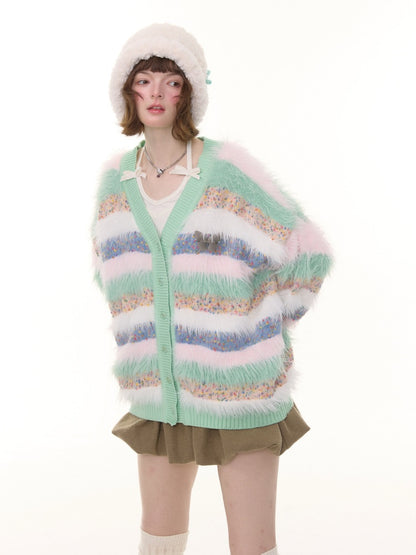 Contrast Stripe Plush Soft Waxy Sweater Cardigan Jacket【s0000015242】