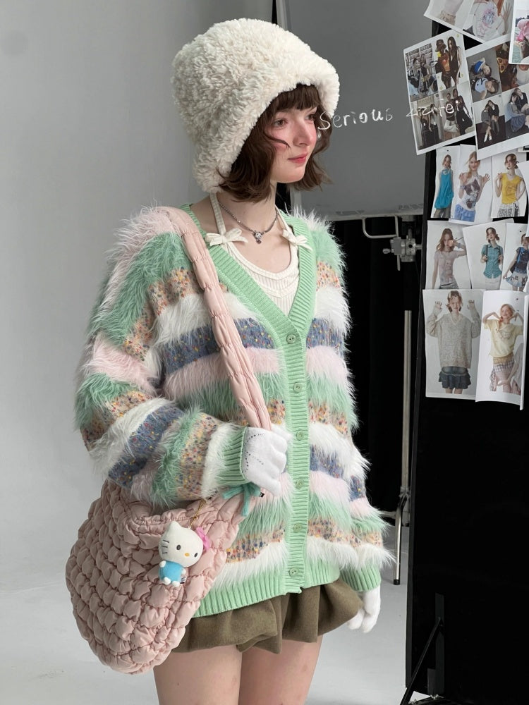 Contrast Stripe Plush Soft Waxy Sweater Cardigan Jacket【s0000015242】