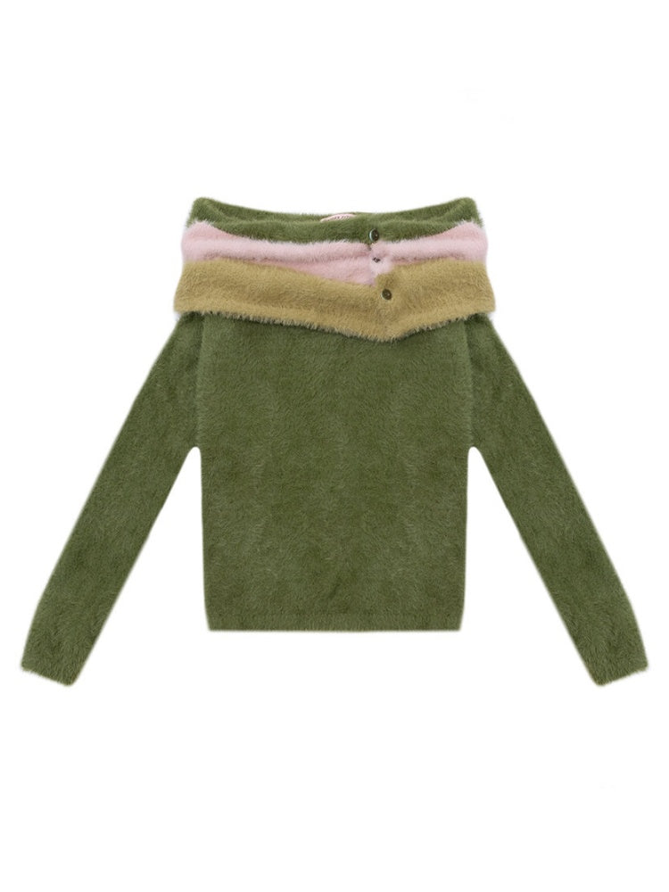 Contrasting Striped One-Shoulder Plush Knitted Top【s0000015245】