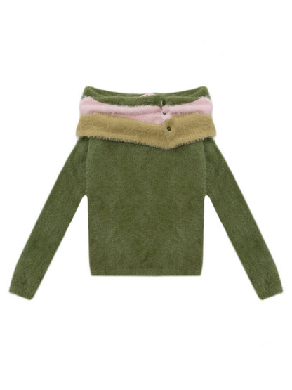 Contrasting Striped One-Shoulder Plush Knitted Top【s0000015245】