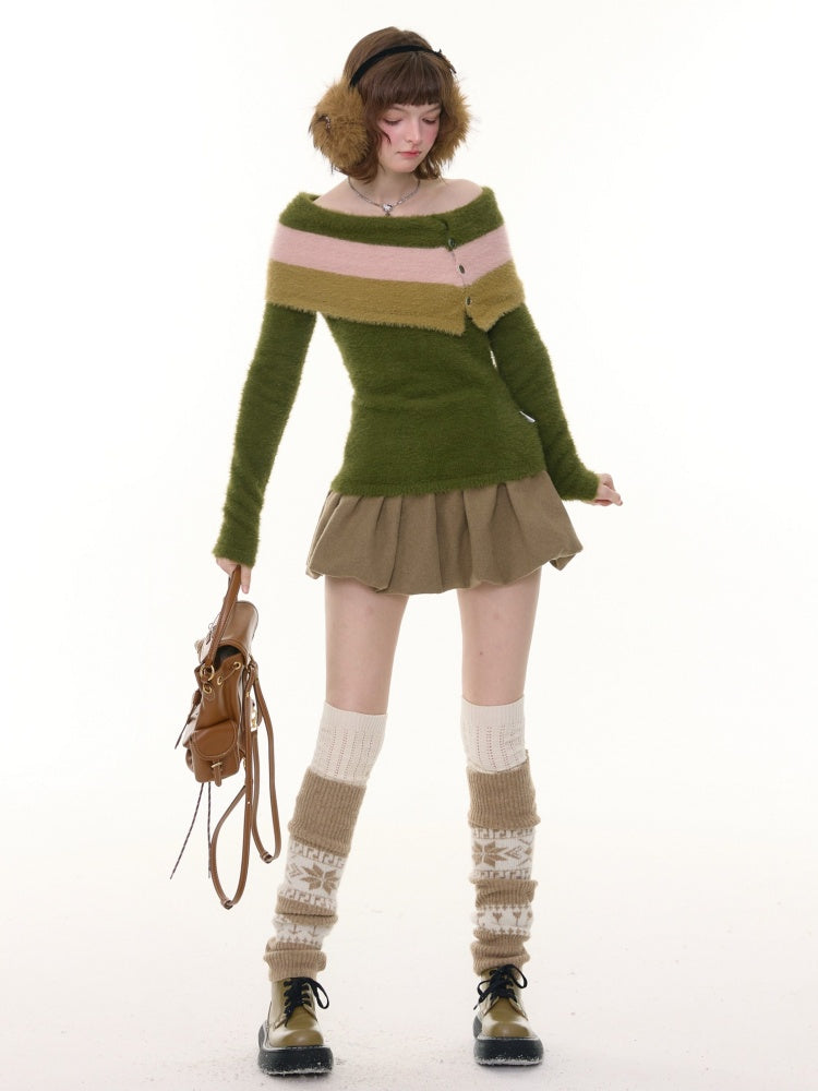 Contrasting Striped One-Shoulder Plush Knitted Top【s0000015245】