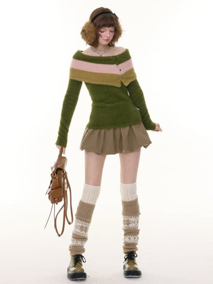 Contrasting Striped One-Shoulder Plush Knitted Top【s0000015245】