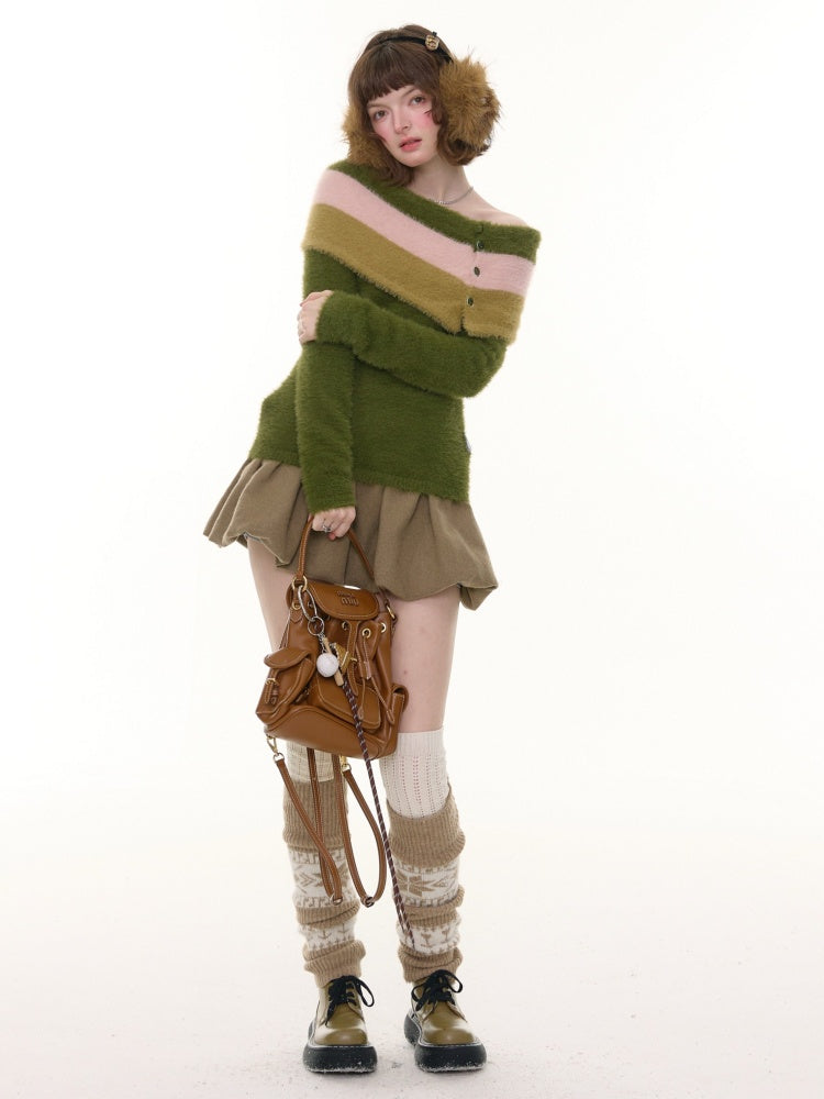 Contrasting Striped One-Shoulder Plush Knitted Top【s0000015245】