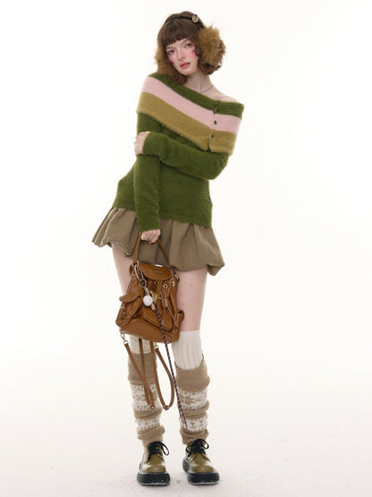 Contrasting Striped One-Shoulder Plush Knitted Top【s0000015245】