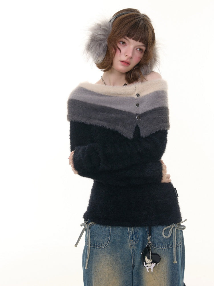 Contrasting Striped One-Shoulder Plush Knitted Top【s0000015245】