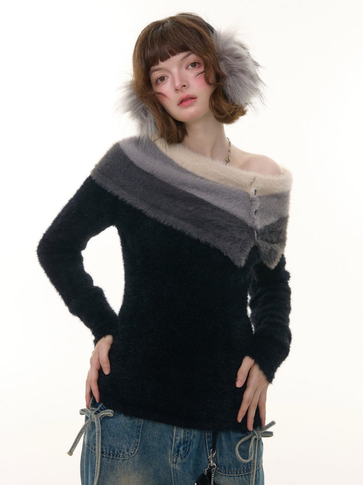 Contrasting Striped One-Shoulder Plush Knitted Top【s0000015245】