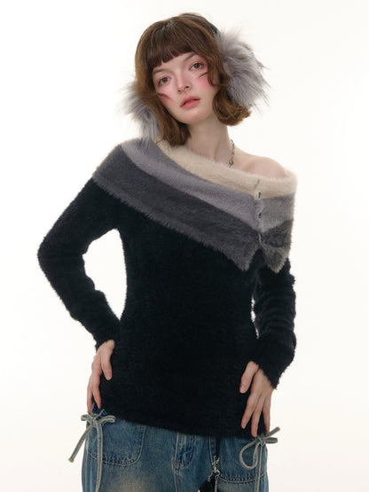 Contrasting Striped One-Shoulder Plush Knitted Top【s0000015245】