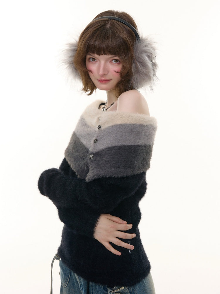 Contrasting Striped One-Shoulder Plush Knitted Top【s0000015245】
