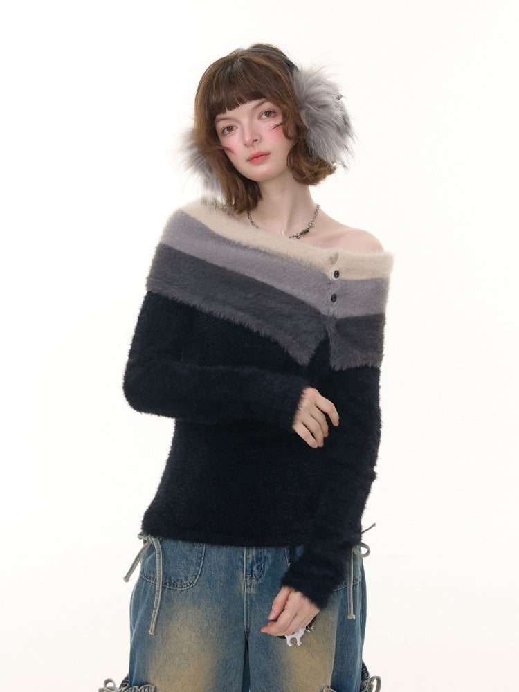 Contrasting Striped One-Shoulder Plush Knitted Top【s0000015245】