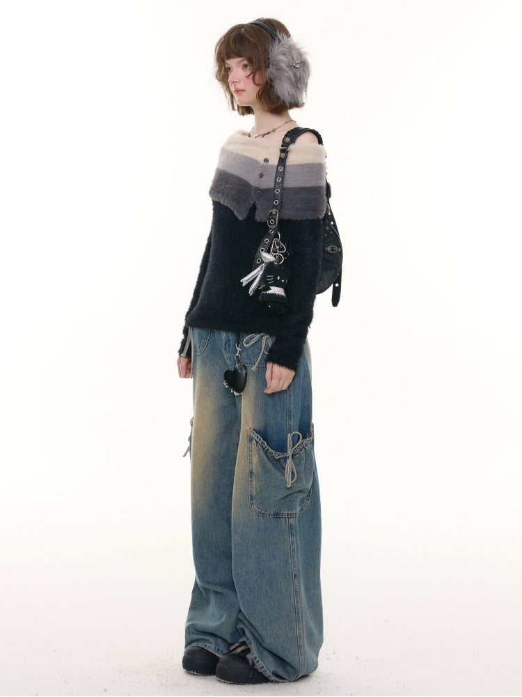 Contrasting Striped One-Shoulder Plush Knitted Top【s0000015245】