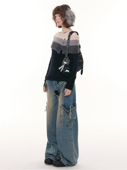 Contrasting Striped One-Shoulder Plush Knitted Top【s0000015245】