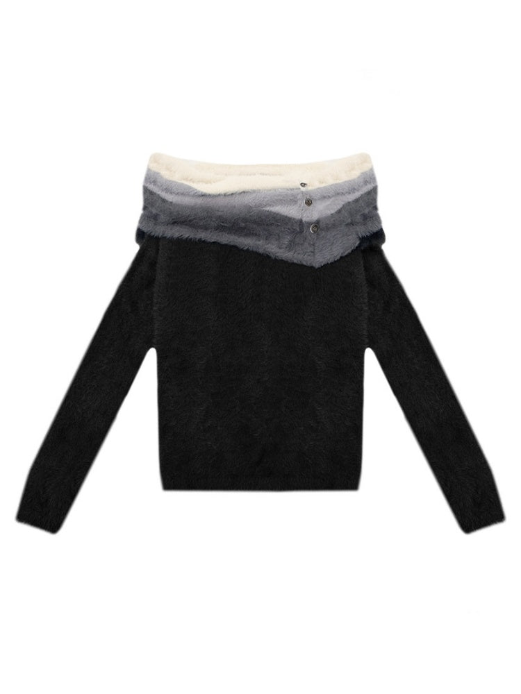 Contrasting Striped One-Shoulder Plush Knitted Top【s0000015245】
