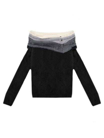 Contrasting Striped One-Shoulder Plush Knitted Top【s0000015245】