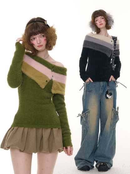 Contrasting Striped One-Shoulder Plush Knitted Top【s0000015245】