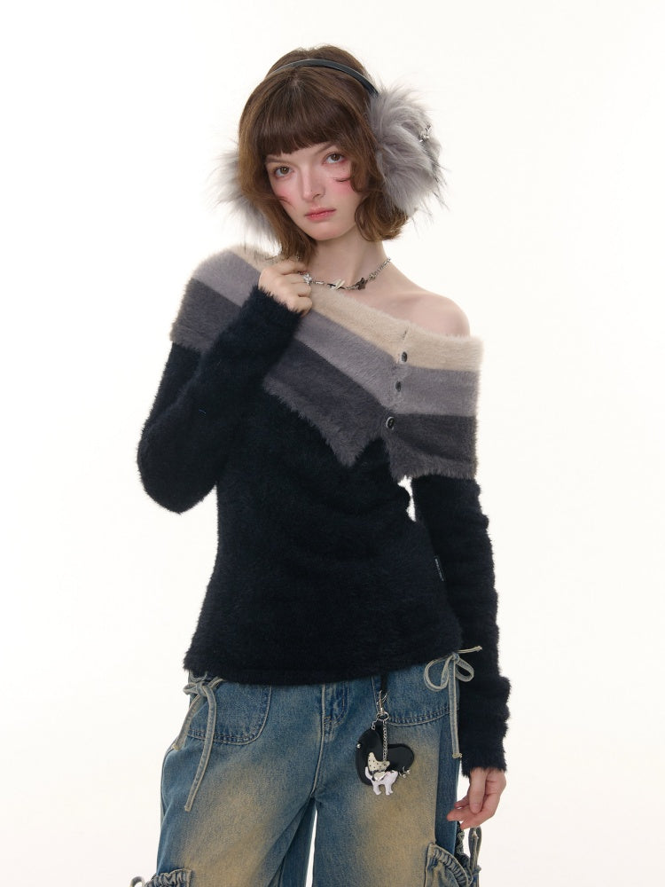 Contrasting Striped One-Shoulder Plush Knitted Top【s0000015245】