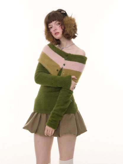 Contrasting Striped One-Shoulder Plush Knitted Top【s0000015245】