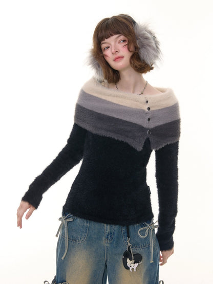 Contrasting Striped One-Shoulder Plush Knitted Top【s0000015245】