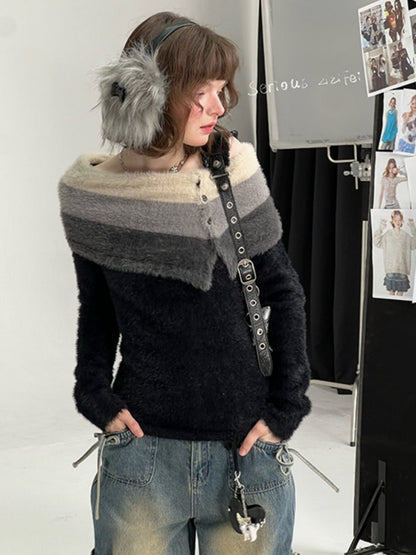 Contrasting Striped One-Shoulder Plush Knitted Top【s0000015245】