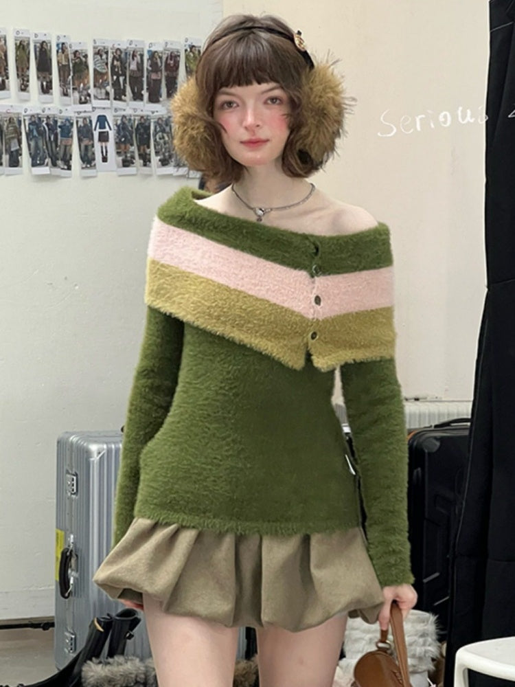 Contrasting Striped One-Shoulder Plush Knitted Top【s0000015245】