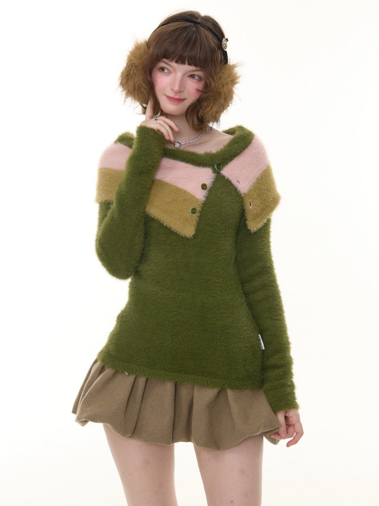 Contrasting Striped One-Shoulder Plush Knitted Top【s0000015245】