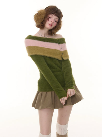 Contrasting Striped One-Shoulder Plush Knitted Top【s0000015245】