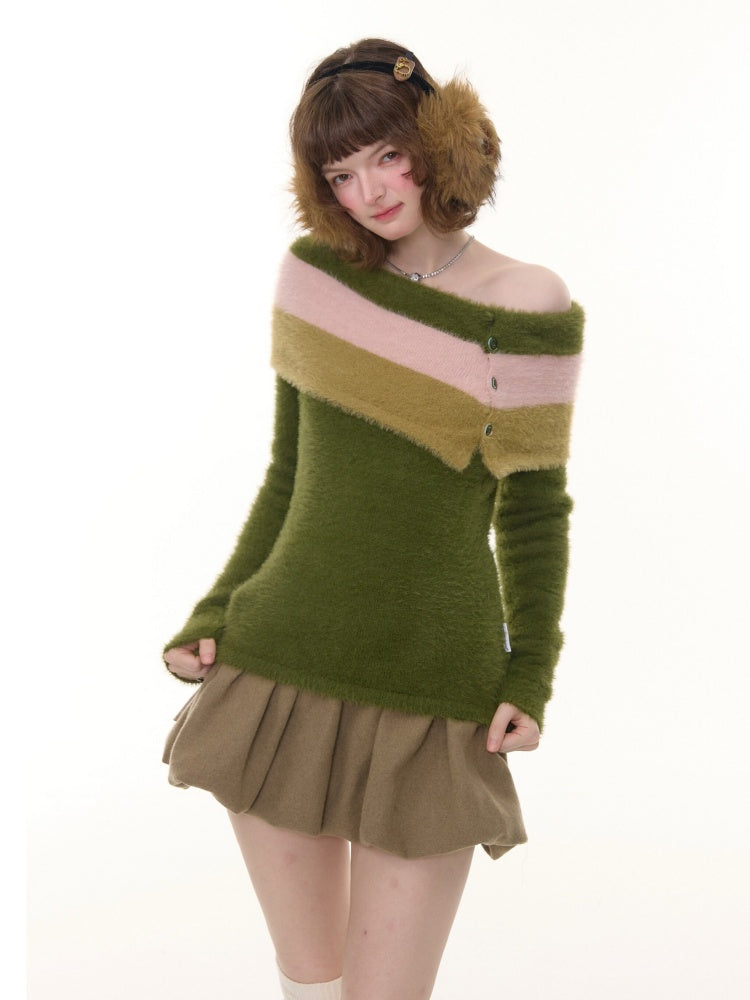Contrasting Striped One-Shoulder Plush Knitted Top【s0000015245】