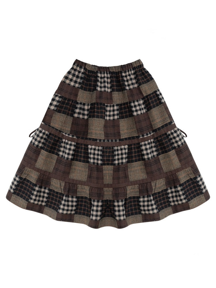 Spliced Plaid Mid-Length High-Waisted Slimming Skirt【s0000015246】
