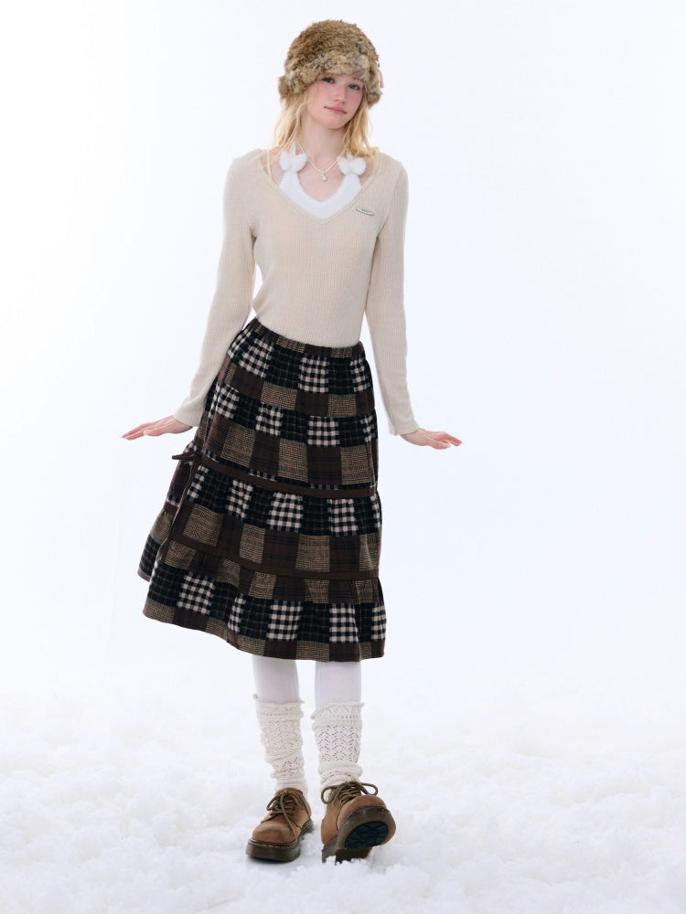 Spliced Plaid Mid-Length High-Waisted Slimming Skirt【s0000015246】