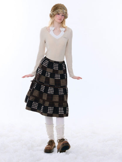Spliced Plaid Mid-Length High-Waisted Slimming Skirt【s0000015246】