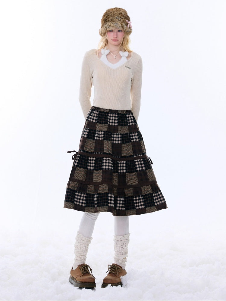 Spliced Plaid Mid-Length High-Waisted Slimming Skirt【s0000015246】