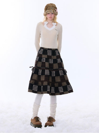 Spliced Plaid Mid-Length High-Waisted Slimming Skirt【s0000015246】