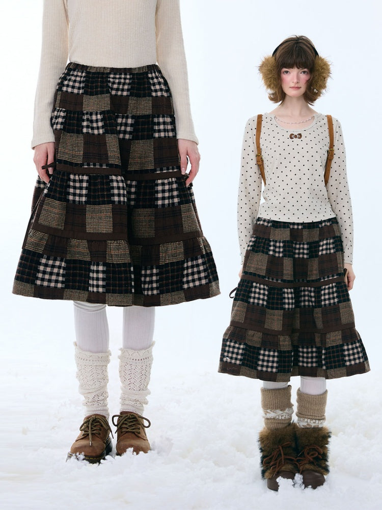 Spliced Plaid Mid-Length High-Waisted Slimming Skirt【s0000015246】