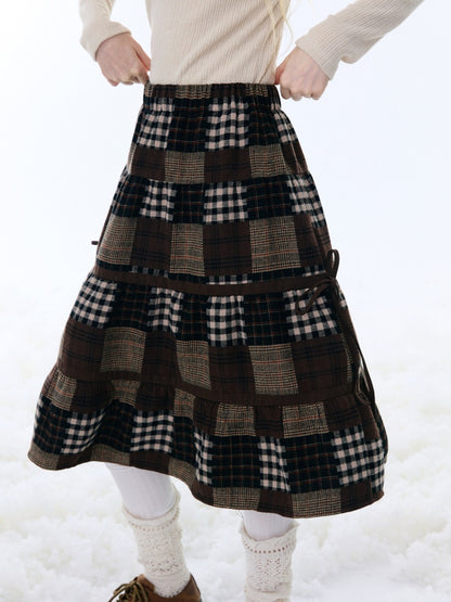 Spliced Plaid Mid-Length High-Waisted Slimming Skirt【s0000015246】