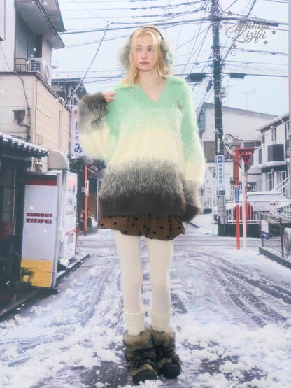 Gradient Polo V-Neck Imitation Mink Wool Soft Glutinous Thick Sweater【s0000015251】