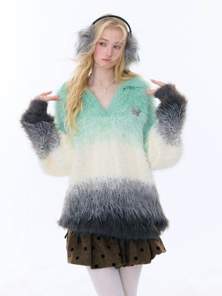Gradient Polo V-Neck Imitation Mink Wool Soft Glutinous Thick Sweater【s0000015251】