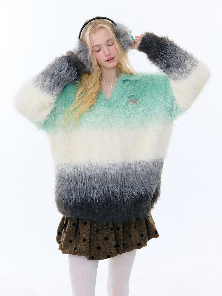 Gradient Polo V-Neck Imitation Mink Wool Soft Glutinous Thick Sweater【s0000015251】