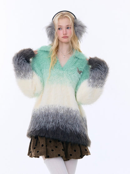 Gradient Polo V-Neck Imitation Mink Wool Soft Glutinous Thick Sweater【s0000015251】