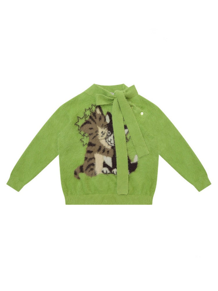 Cat Pattern With Scarf Semi-Turtle Neck Soft Glutinous Lazy Sweater【s0000015252】