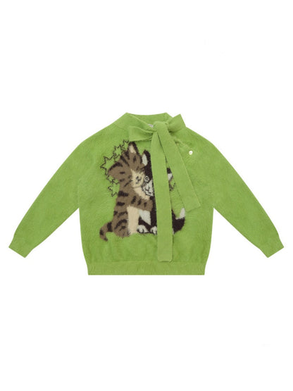 Cat Pattern With Scarf Semi-Turtle Neck Soft Glutinous Lazy Sweater【s0000015252】