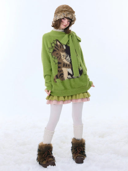Cat Pattern With Scarf Semi-Turtle Neck Soft Glutinous Lazy Sweater【s0000015252】