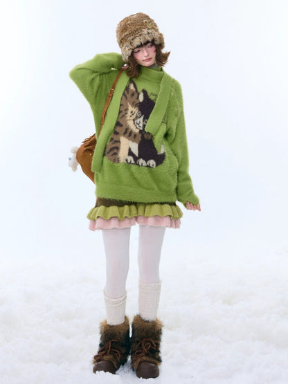 Cat Pattern With Scarf Semi-Turtle Neck Soft Glutinous Lazy Sweater【s0000015252】