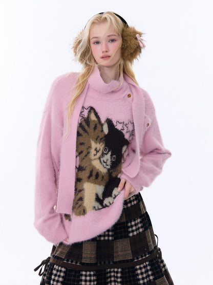 Cat Pattern With Scarf Semi-Turtle Neck Soft Glutinous Lazy Sweater【s0000015252】