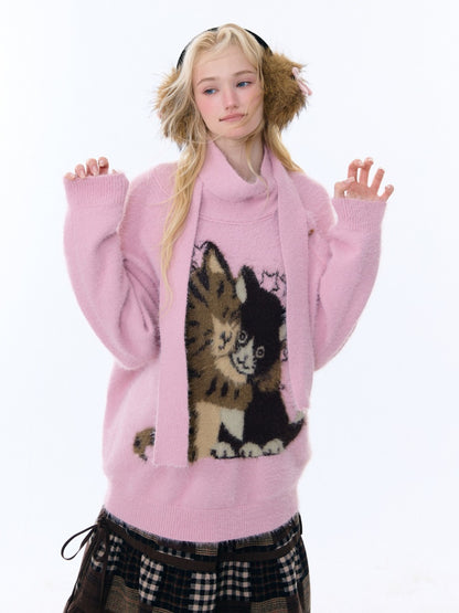 Cat Pattern With Scarf Semi-Turtle Neck Soft Glutinous Lazy Sweater【s0000015252】