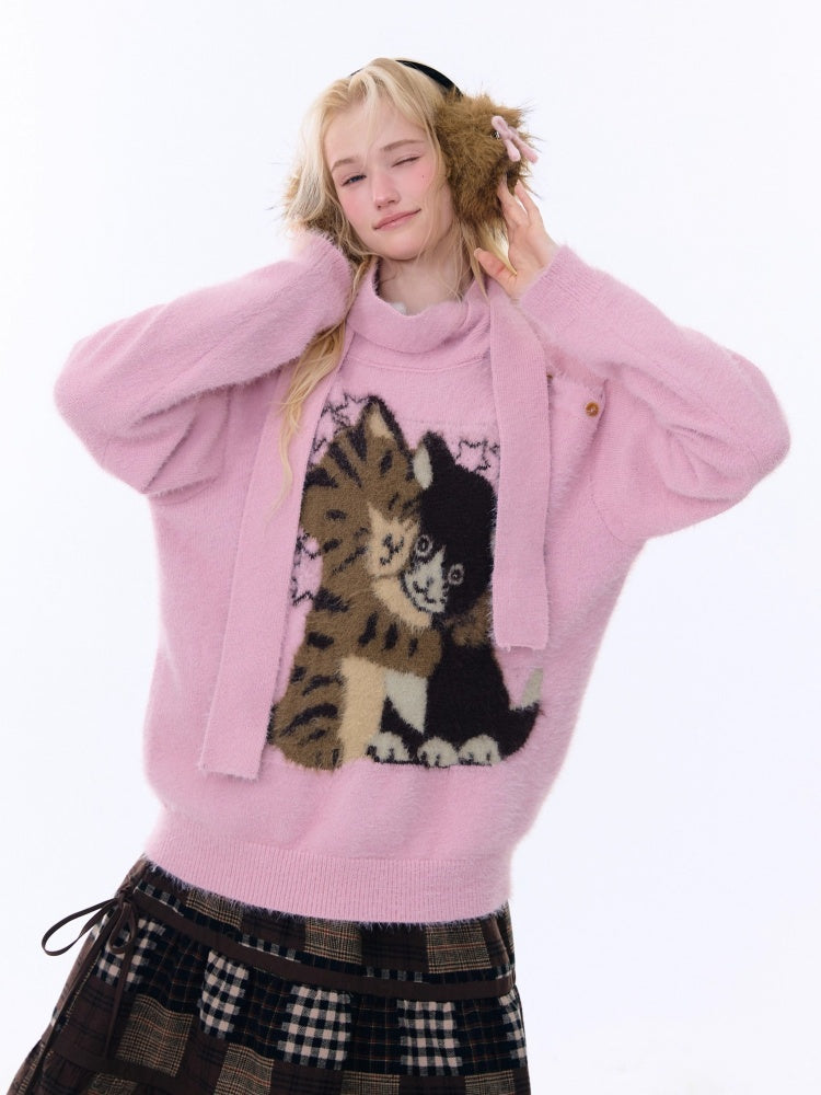 Cat Pattern With Scarf Semi-Turtle Neck Soft Glutinous Lazy Sweater【s0000015252】