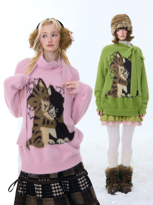 Cat Pattern With Scarf Semi-Turtle Neck Soft Glutinous Lazy Sweater【s0000015252】