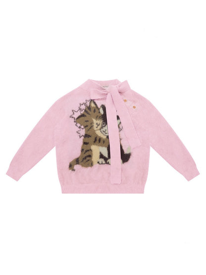Cat Pattern With Scarf Semi-Turtle Neck Soft Glutinous Lazy Sweater【s0000015252】