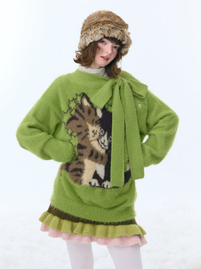 Cat Pattern With Scarf Semi-Turtle Neck Soft Glutinous Lazy Sweater【s0000015252】