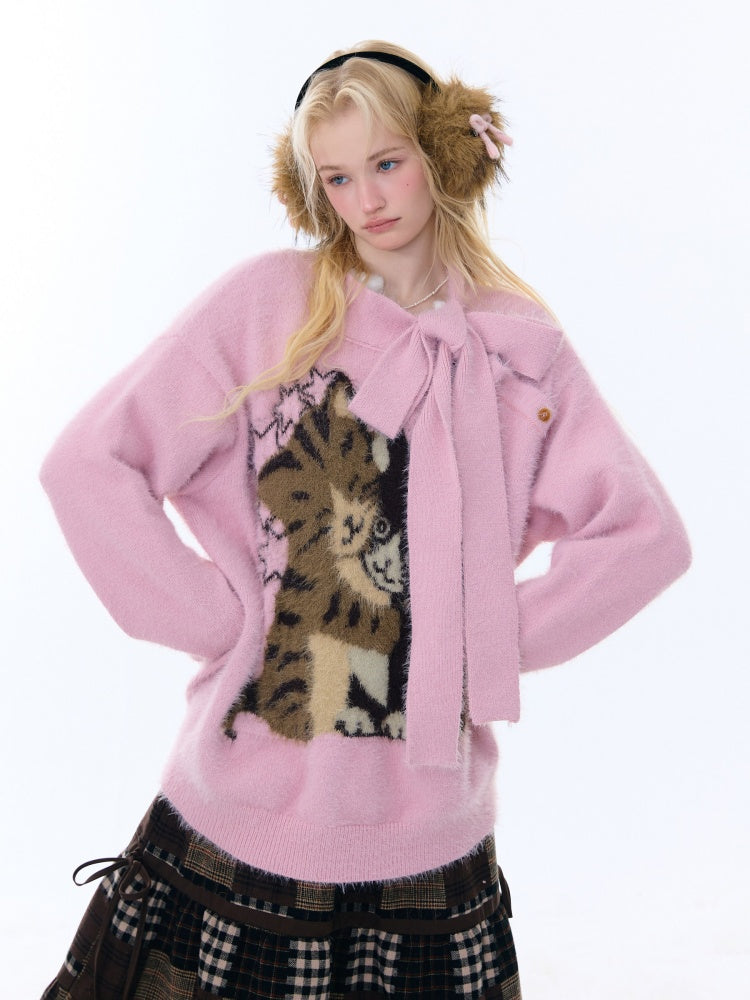 Cat Pattern With Scarf Semi-Turtle Neck Soft Glutinous Lazy Sweater【s0000015252】