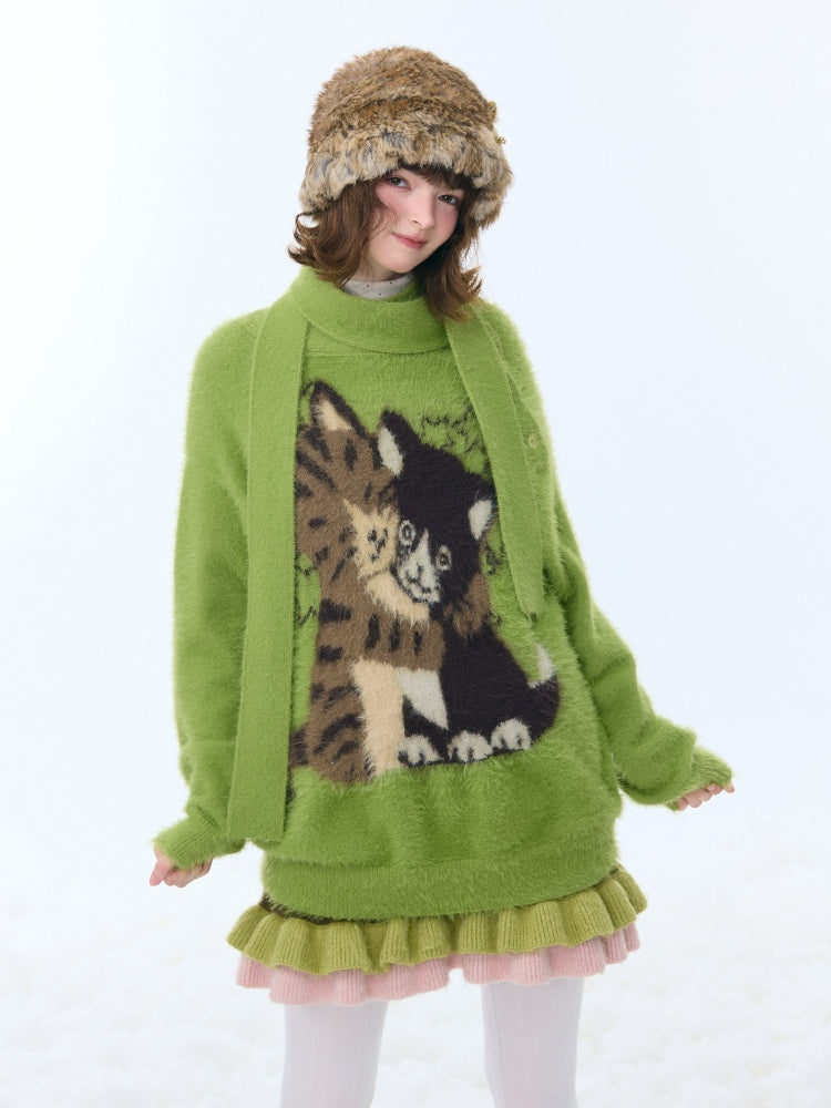 Cat Pattern With Scarf Semi-Turtle Neck Soft Glutinous Lazy Sweater【s0000015252】